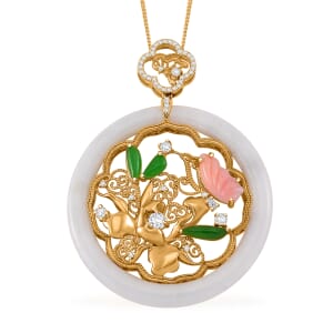 Natural Jade and Multi Gemstone 47.00 ctw Butterfly Garden Pendant Necklace in 18K Vermeil Yellow Gold Over Sterling Silver 20 Inches