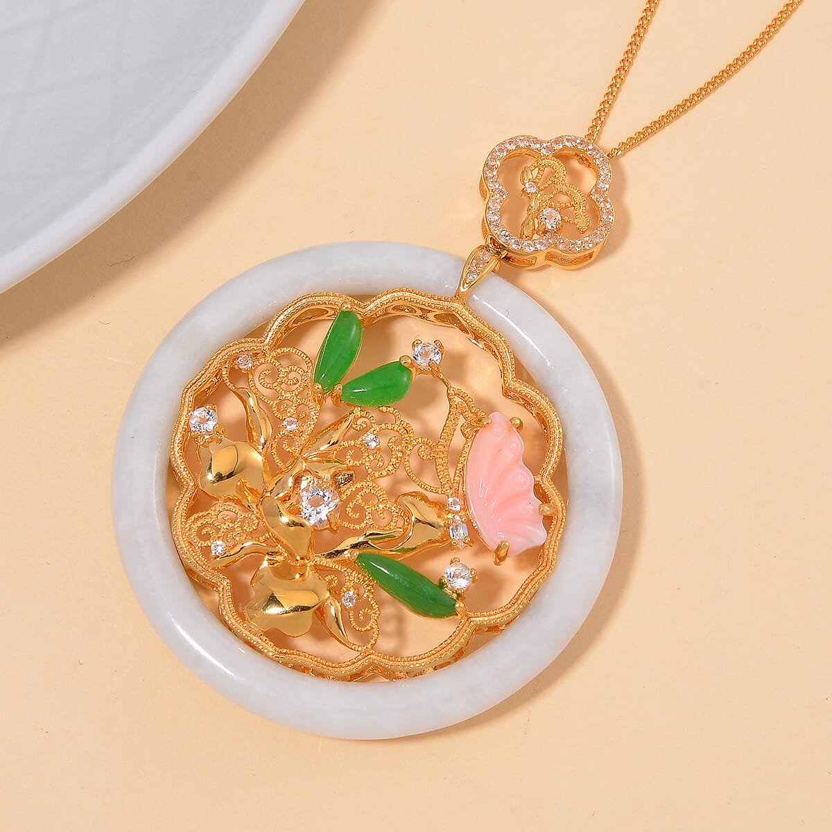 Natural Jade and Multi Gemstone 47.00 ctw Butterfly Garden Pendant Necklace in 18K Vermeil Yellow Gold Over Sterling Silver 20 Inches image number 1