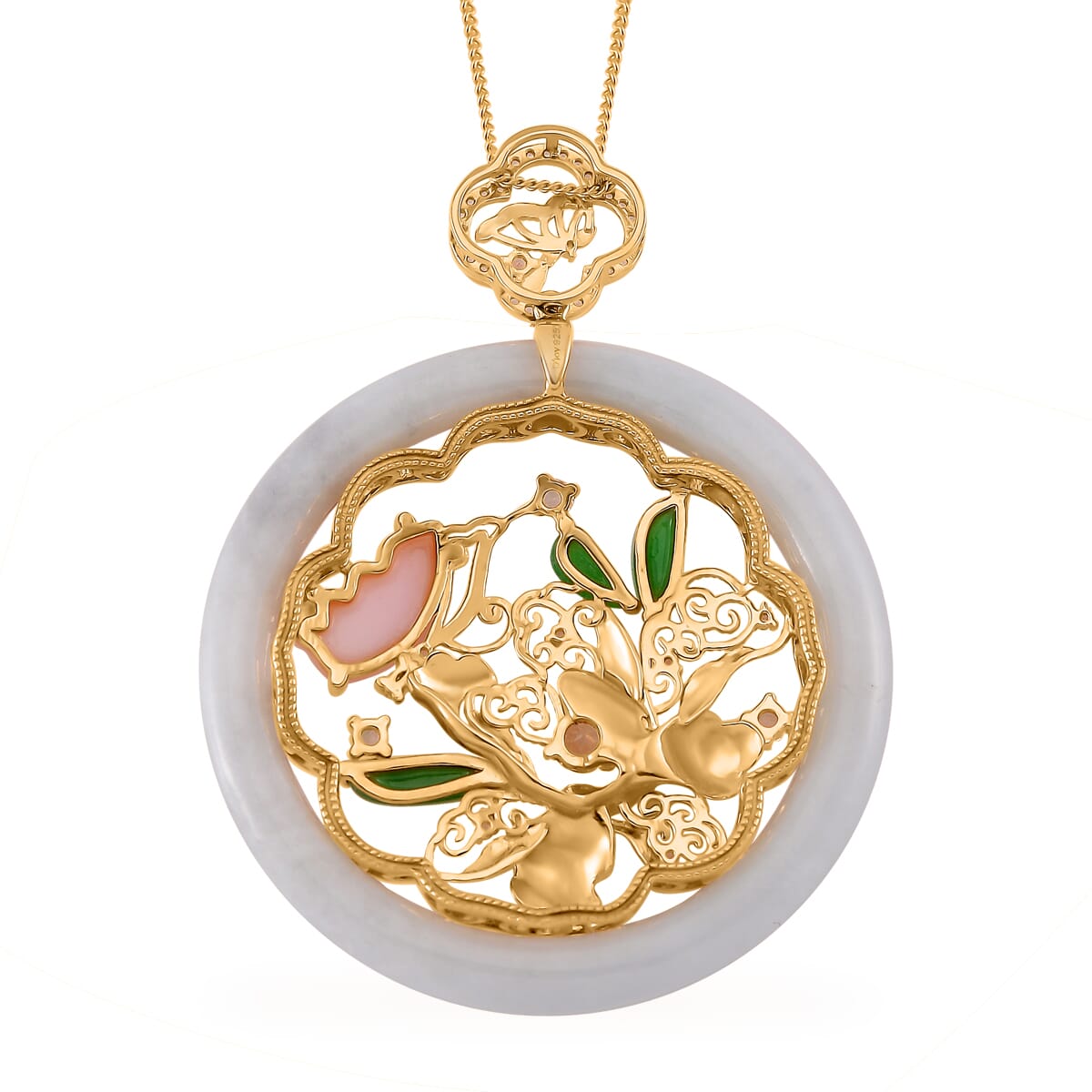 Natural Jade and Multi Gemstone 47.00 ctw Butterfly Garden Pendant Necklace in 18K Vermeil Yellow Gold Over Sterling Silver 20 Inches image number 3