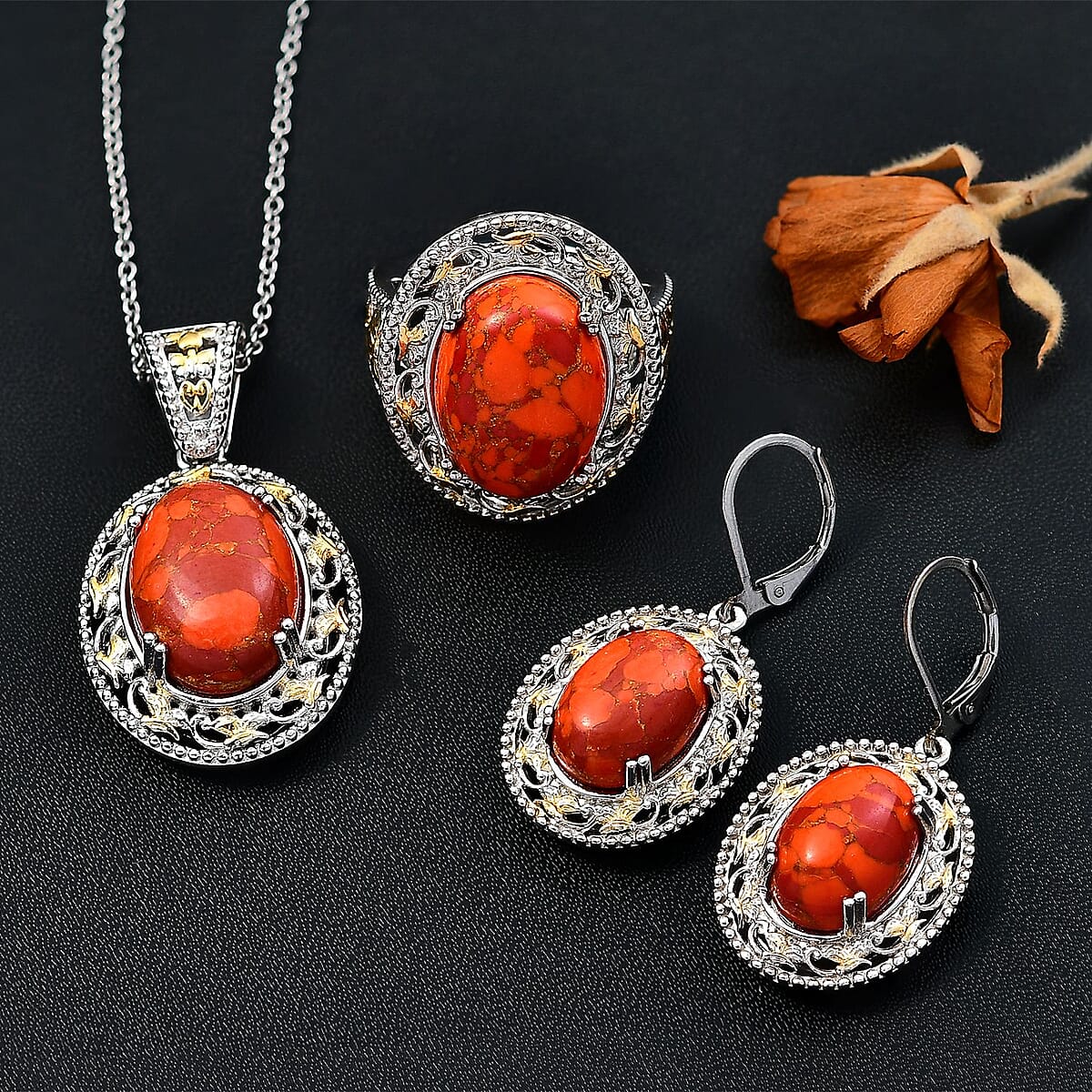 3Pc Set - Karis Mojave Orange Turquoise 31.65 ctw Lever Back Earrings, Ring (Size 8.00) and Pendant in 18K YG Plated and Platinum Bond with Stainless Steel Necklace 20 Inhces image number 1