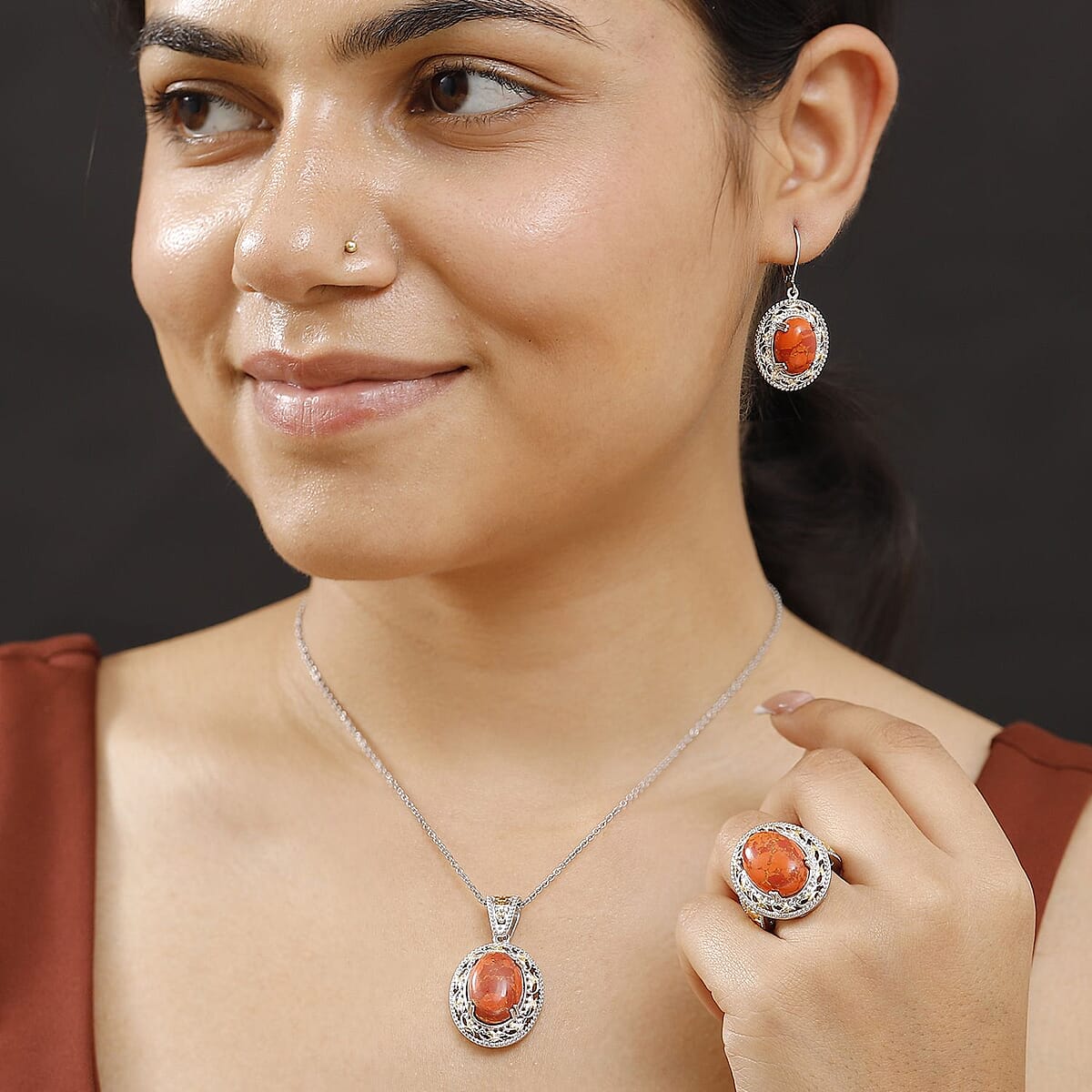 3Pc Set - Karis Mojave Orange Turquoise 31.65 ctw Lever Back Earrings, Ring (Size 8.00) and Pendant in 18K YG Plated and Platinum Bond with Stainless Steel Necklace 20 Inhces image number 2