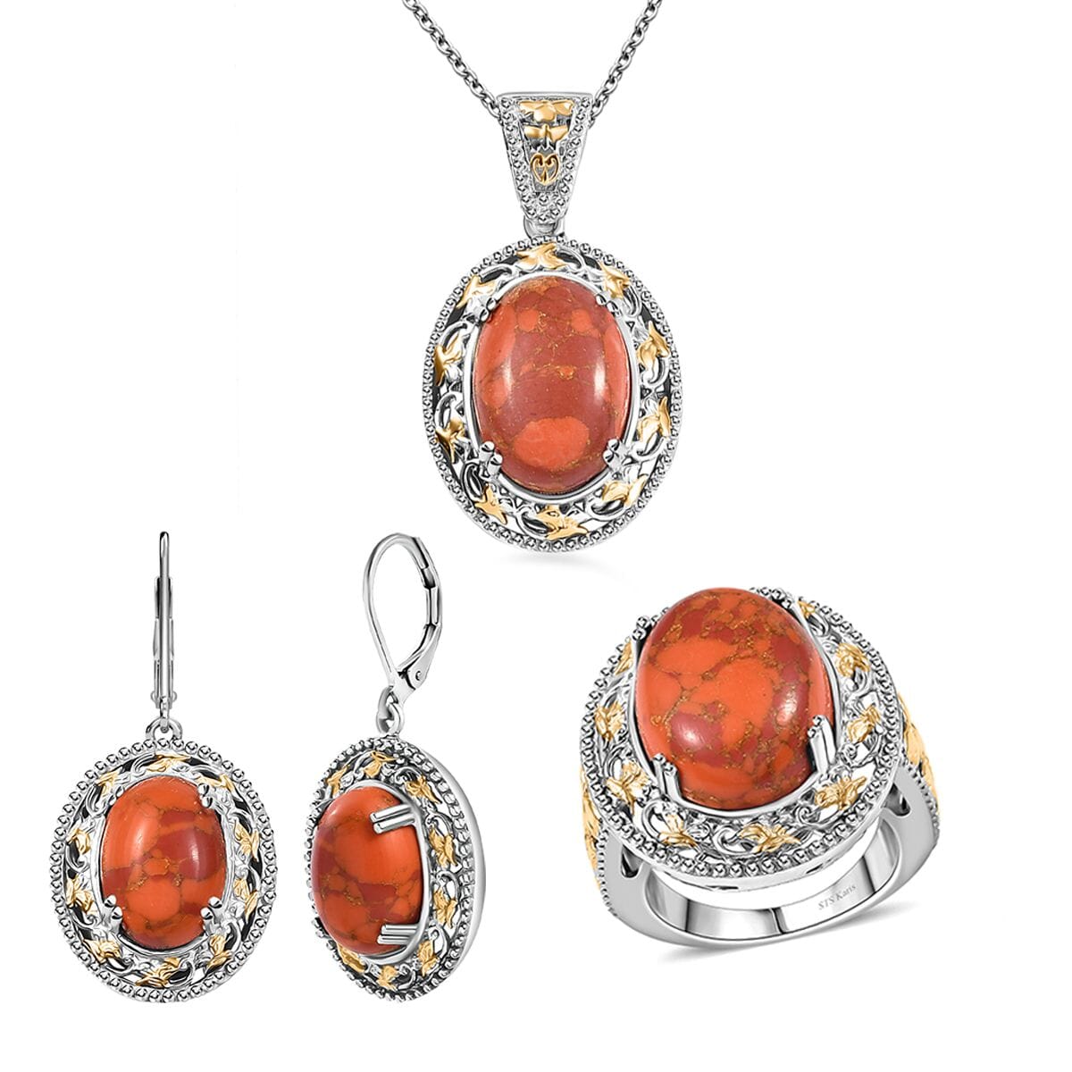 3Pc Set - Karis Mojave Orange Turquoise 31.65 ctw Lever Back Earrings, Ring (Size 11.00) and Pendant in 18K YG Plated and Platinum Bond with Stainless Steel Necklace 20 Inhces image number 0