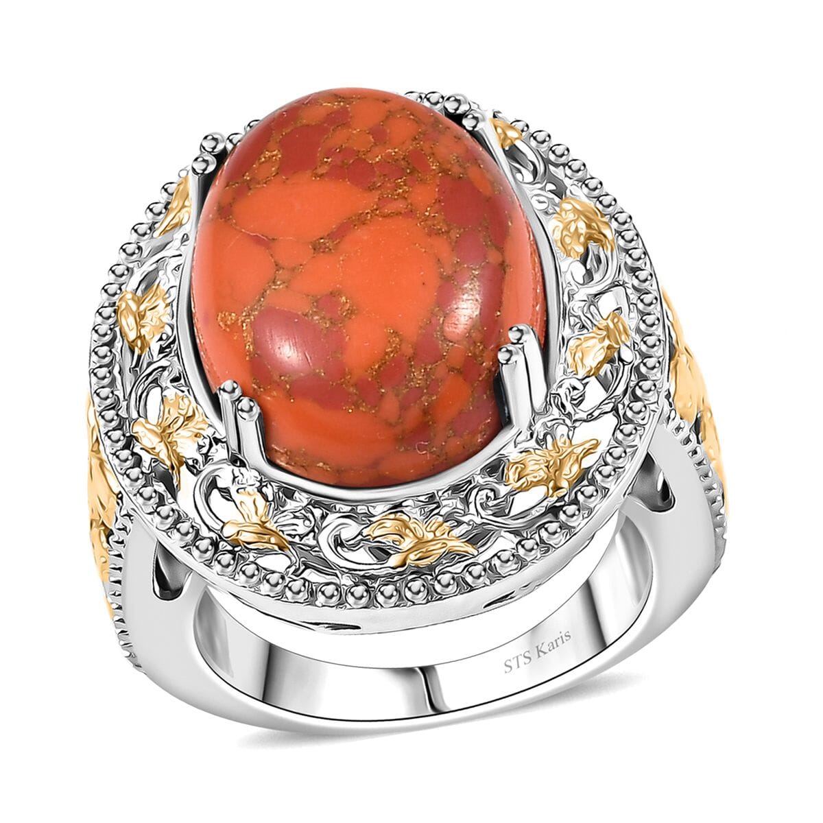 3Pc Set - Karis Mojave Orange Turquoise 31.65 ctw Lever Back Earrings, Ring (Size 11.00) and Pendant in 18K YG Plated and Platinum Bond with Stainless Steel Necklace 20 Inhces image number 3