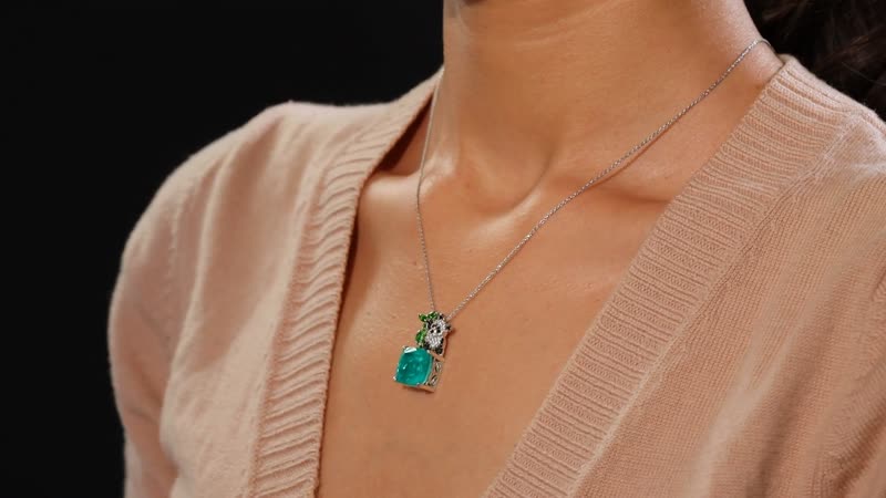 GP Trionfo Collection Emeraldine Quartz (Triplet) and Multi Gemstone 10.40 ctw Teddy Bear Pendant Necklace in Rhodium Over Sterling Silver 20 Inches