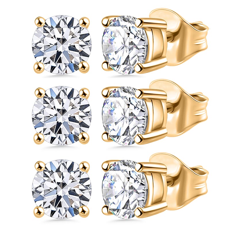 Set of 3 Luxuriant Lab Grown Diamond G-H SI 3.00 ctw Stud Earrings in Vermeil YG Over Sterling Silver