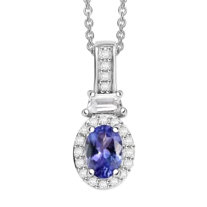 Tanzanite and White Zircon 1.30 ctw Pendant in Rhodium Over Sterling Silver with Stainless Steel Necklace 20 inches
