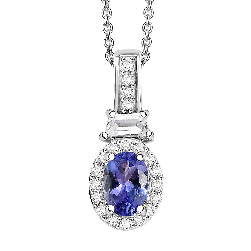 D'Joy Tanzanite and White Zircon 1.30 ctw Pendant in Rhodium Over Sterling Silver with Stainless Steel Necklace 20 inches