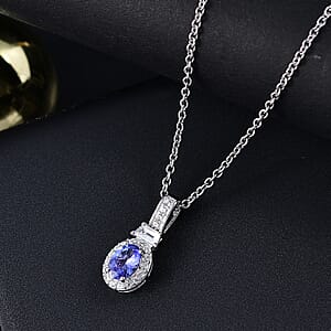 D'Joy Tanzanite and White Zircon 1.30 ctw Pendant in Rhodium Over Sterling Silver with Stainless Steel Necklace 20 inches