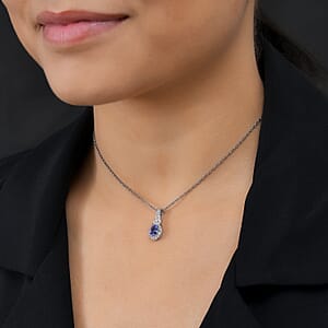 D'Joy Tanzanite and White Zircon 1.30 ctw Pendant in Rhodium Over Sterling Silver with Stainless Steel Necklace 20 inches