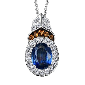 D'Joy Kashmir Kyanite and Multi Gemstone 2.90 ctw Regal Bloom Pendant Necklace 20 Inches in Rhodium Over Sterling Silver
