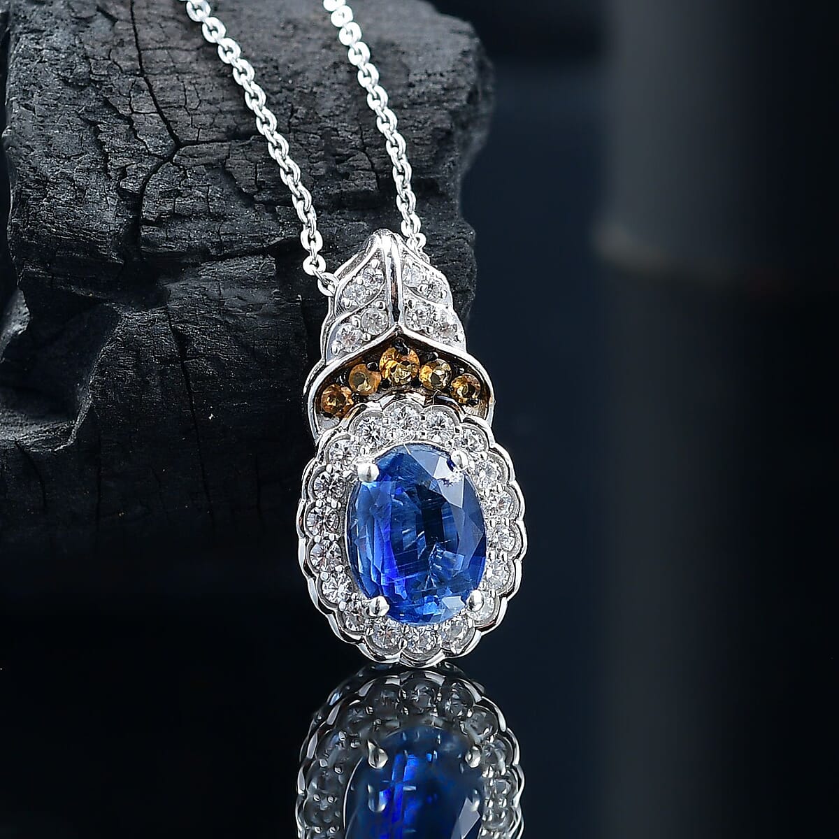 D'Joy Kashmir Kyanite and Multi Gemstone 2.90 ctw Regal Bloom Pendant Necklace 20 Inches in Rhodium Over Sterling Silver image number 1
