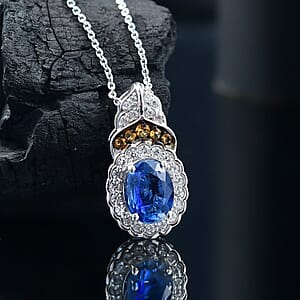 D'Joy Kashmir Kyanite and Multi Gemstone 2.90 ctw Regal Bloom Pendant Necklace 20 Inches in Rhodium Over Sterling Silver