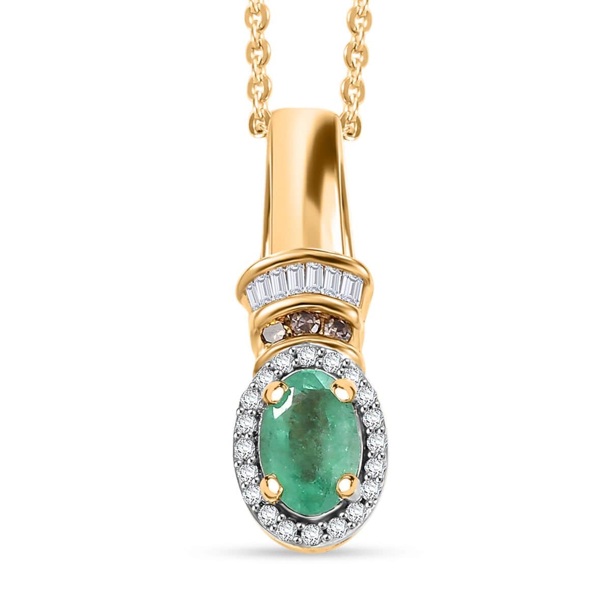 Kagem Zambian Emerald, Natural Champagne and White Diamond 0.70 ctw Halo Pendant Necklace in 18K Vermeil Yellow Gold Over Sterling Silver 20 Inches image number 0