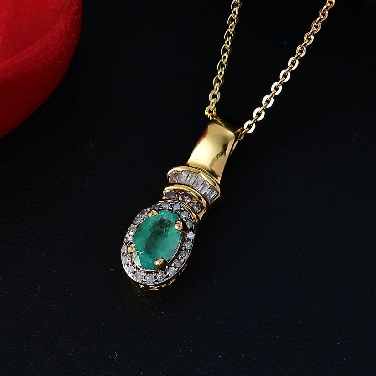 Kagem Zambian Emerald, Natural Champagne and White Diamond 0.70 ctw Halo Pendant Necklace in 18K Vermeil Yellow Gold Over Sterling Silver 20 Inches image number 1