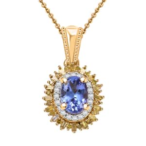 AAA Tanzanite, Yellow and White Diamond 1.10 ctw Sunburst Pendant Necklace in 18K Vermeil Yellow Gold Over Sterling Silver 20 Inches