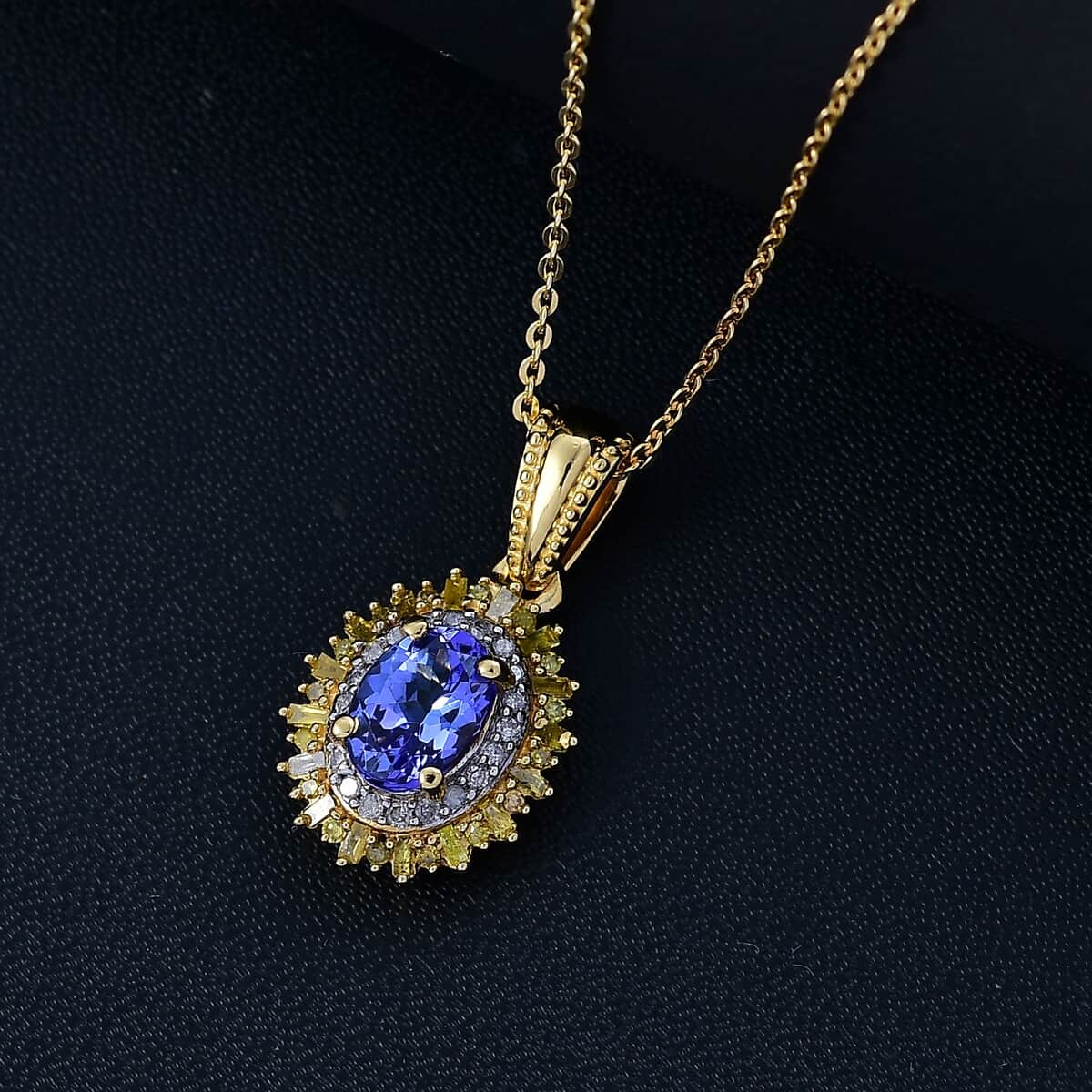 AAA Tanzanite, Yellow and White Diamond 1.10 ctw Sunburst Pendant Necklace in 18K Vermeil Yellow Gold Over Sterling Silver 20 Inches image number 1