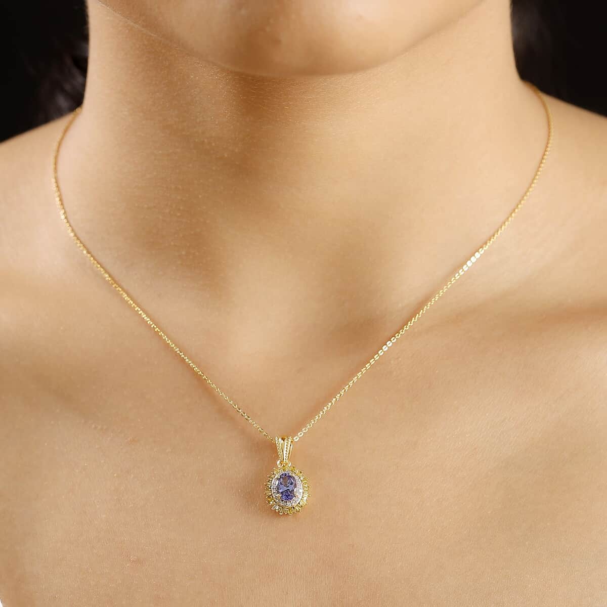 AAA Tanzanite, Yellow and White Diamond 1.10 ctw Sunburst Pendant Necklace in 18K Vermeil Yellow Gold Over Sterling Silver 20 Inches image number 2