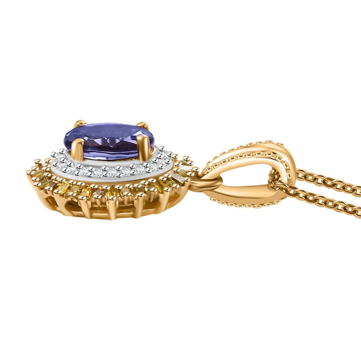 AAA Tanzanite, Yellow and White Diamond 1.10 ctw Sunburst Pendant Necklace in 18K Vermeil Yellow Gold Over Sterling Silver 20 Inches image number 3