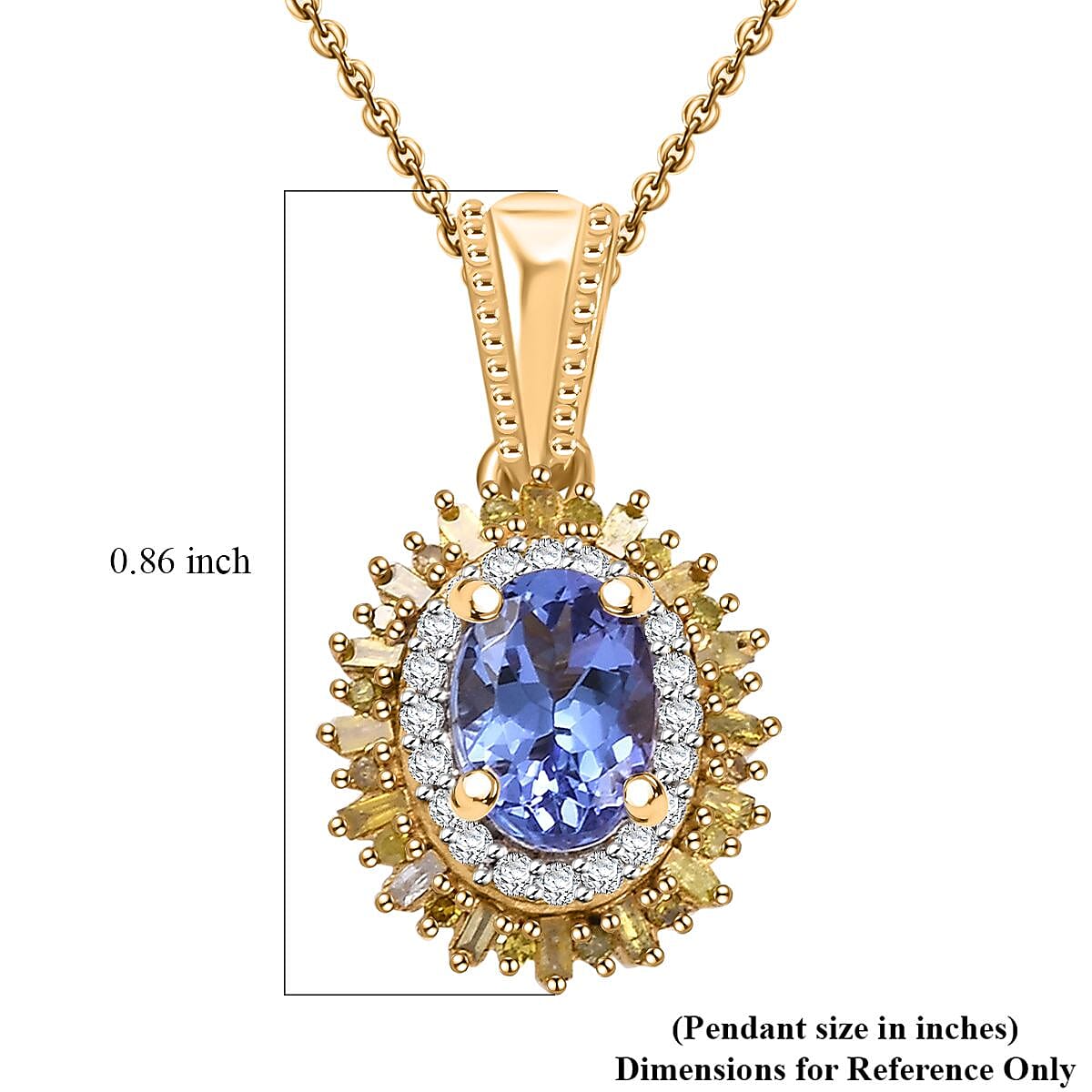 AAA Tanzanite, Yellow and White Diamond 1.10 ctw Sunburst Pendant Necklace in 18K Vermeil Yellow Gold Over Sterling Silver 20 Inches