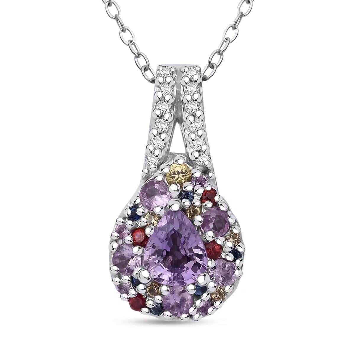 Madagascar Purple Sapphire and Multi Gemstone 0.85 ctw Rainbow Bloom Pendant Necklace in Rhodium Over Sterling Silver 20 Inches image number 0