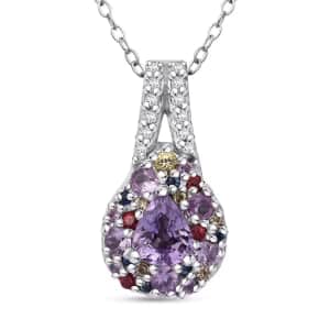 Madagascar Purple Sapphire and Multi Gemstone 0.85 ctw Rainbow Bloom Pendant Necklace in Rhodium Over Sterling Silver 20 Inches