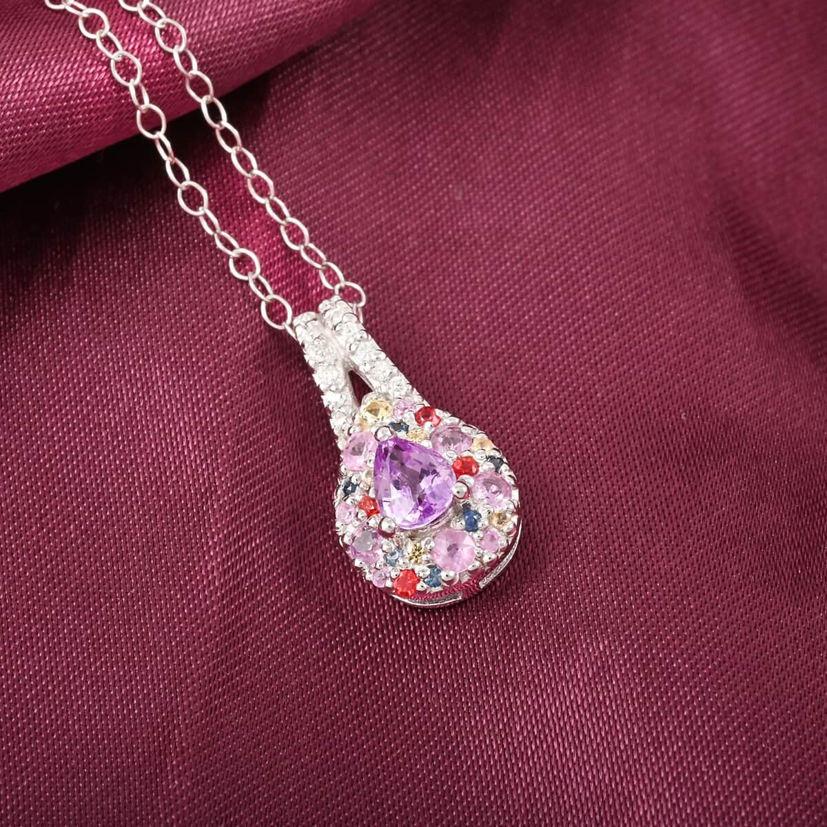 Madagascar Purple Sapphire and Multi Gemstone 0.85 ctw Rainbow Bloom Pendant Necklace in Rhodium Over Sterling Silver 20 Inches image number 1