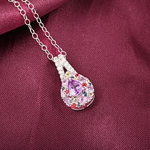 Madagascar Purple Sapphire and Multi Gemstone 0.85 ctw Rainbow Bloom Pendant Necklace in Rhodium Over Sterling Silver 20 Inches