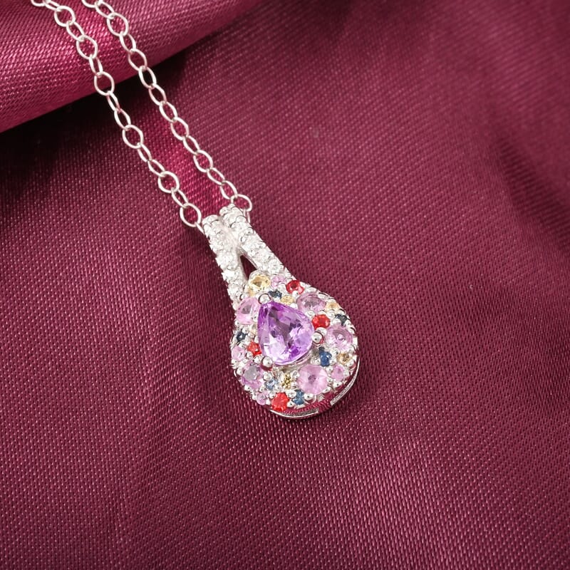 Madagascar Purple Sapphire and Multi Gemstone 0.85 ctw Rainbow Bloom Pendant Necklace in Rhodium Over Sterling Silver 20 Inches
