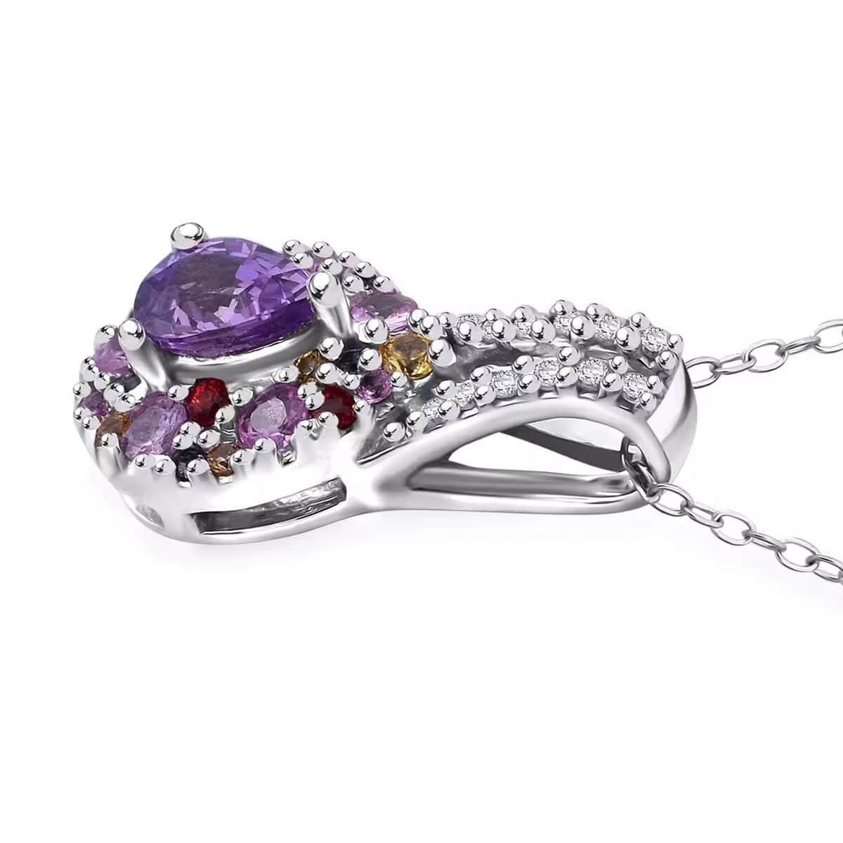 Madagascar Purple Sapphire and Multi Gemstone 0.85 ctw Rainbow Bloom Pendant Necklace in Rhodium Over Sterling Silver 20 Inches image number 3