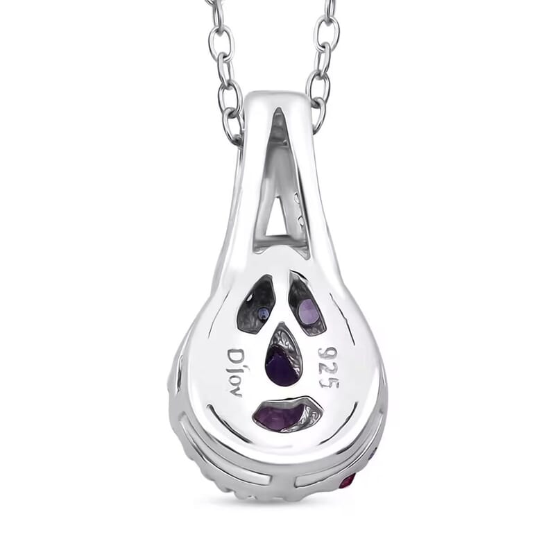 Madagascar Purple Sapphire and Multi Gemstone 0.85 ctw Rainbow Bloom Pendant Necklace in Rhodium Over Sterling Silver 20 Inches