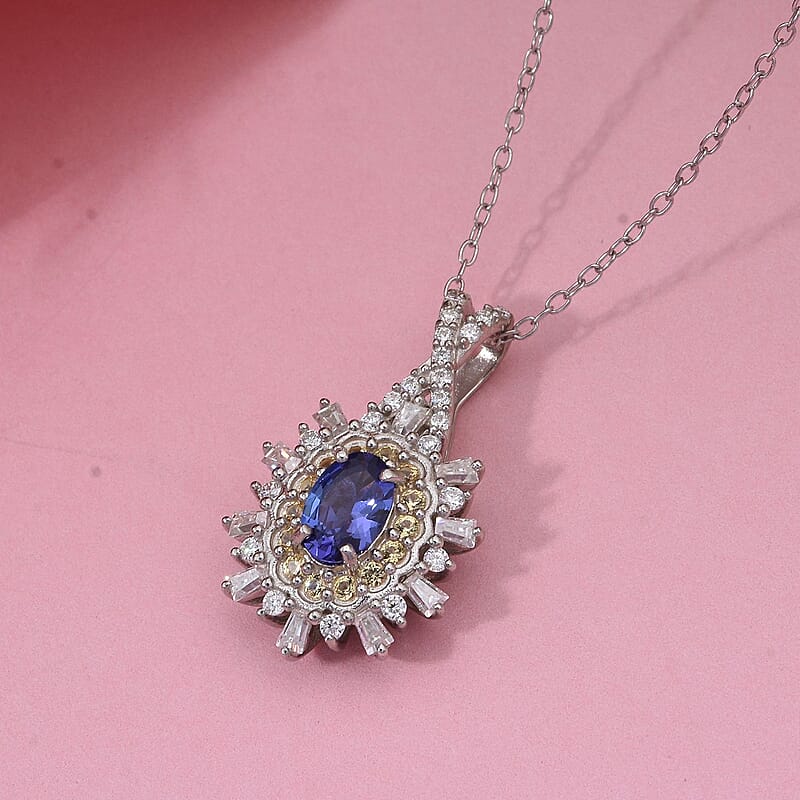 AAA Tanzanite and Multi Gemstone 1.00 ctw Snowflake Pendant Necklace in Rhodium Over Sterling Silver 20 Inches