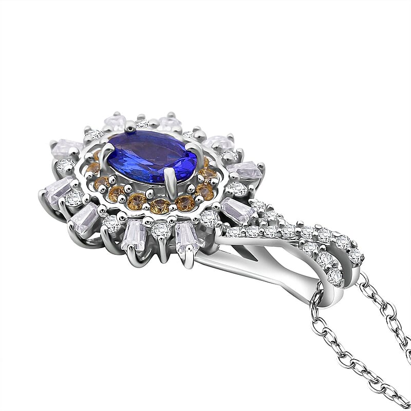 AAA Tanzanite and Multi Gemstone 1.00 ctw Snowflake Pendant Necklace in Rhodium Over Sterling Silver 20 Inches