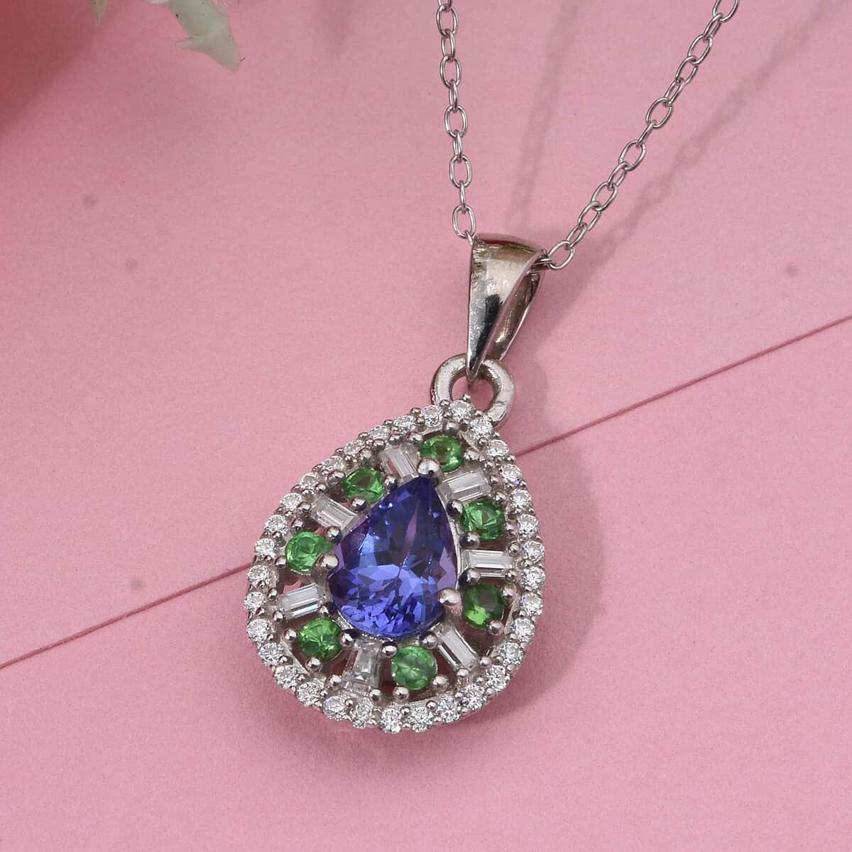 AAA Tanzanite and Multi Gemstone 1.25 ctw Teardrop Harmony Pendant Necklace in Rhodium Over Sterling Silver 20 Inches image number 1