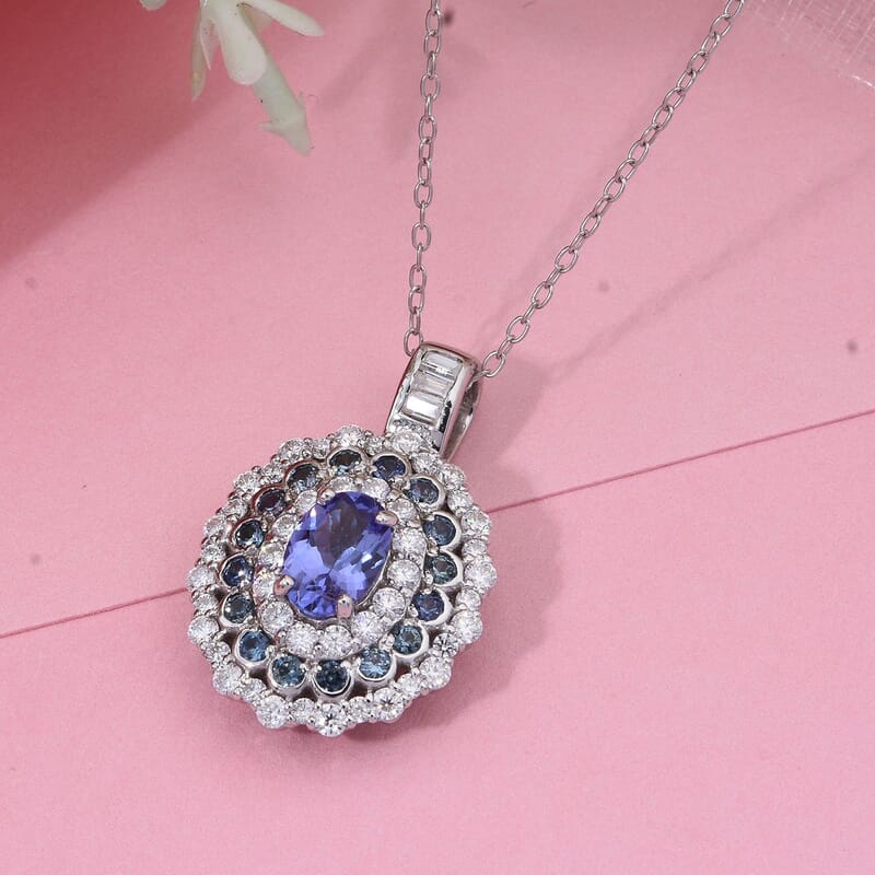 AAA Tanzanite and Multi Gemstone 1.75 ctw Regal Eclipse Pendant Necklace in Rhodium Over Sterling Silver 20 Inches