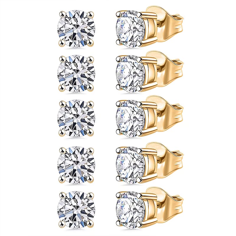 Set of 5, Luxuriant Lab Grown Diamond G SI1 5.00 ctw Solitaire Stud Earrings in 14K Yellow Gold