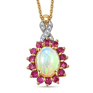 Premium Ethiopian Welo Opal and Multi Gemstone 1.90 ctw Sunburst Pendant Necklace in 18K Vermeil Yellow Gold Over Sterling Silver 20 Inches