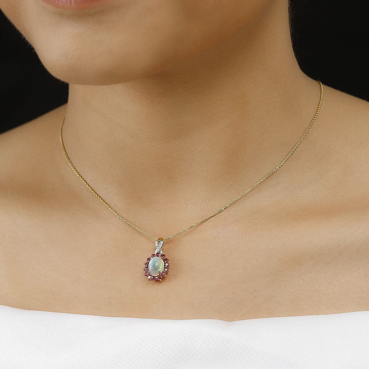 Premium Ethiopian Welo Opal and Multi Gemstone 1.90 ctw Sunburst Pendant Necklace in 18K Vermeil Yellow Gold Over Sterling Silver 20 Inches image number 2