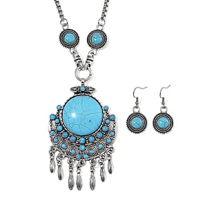 Blue Howlite 94.00 ctw Necklace (20-22 Inches) and Earrings in Silvertone