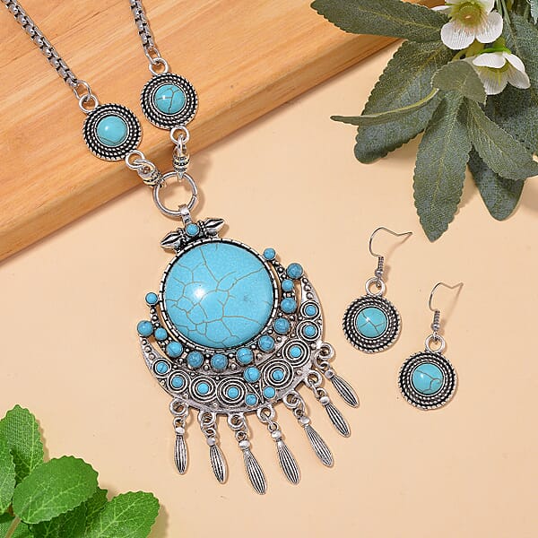 Blue Howlite 94.00 ctw Necklace (20-22 Inches) and Earrings in Silvertone
