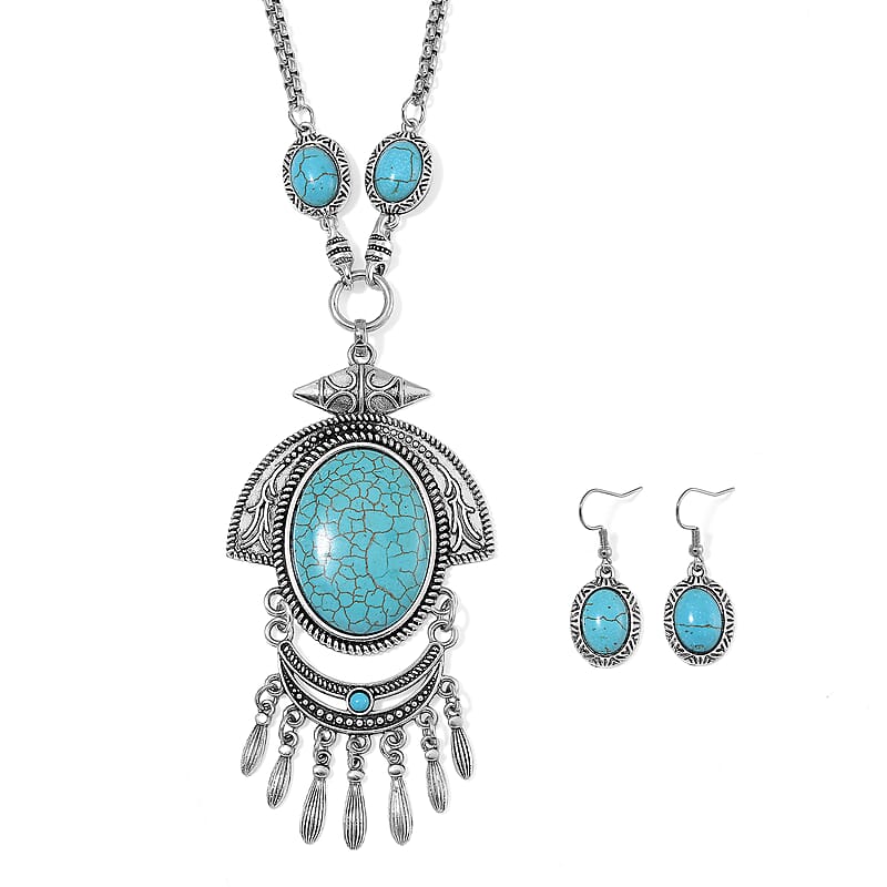 Blue Howlite 86.00 ctw Necklace 20-22 Inches and Earrings in Silvertone