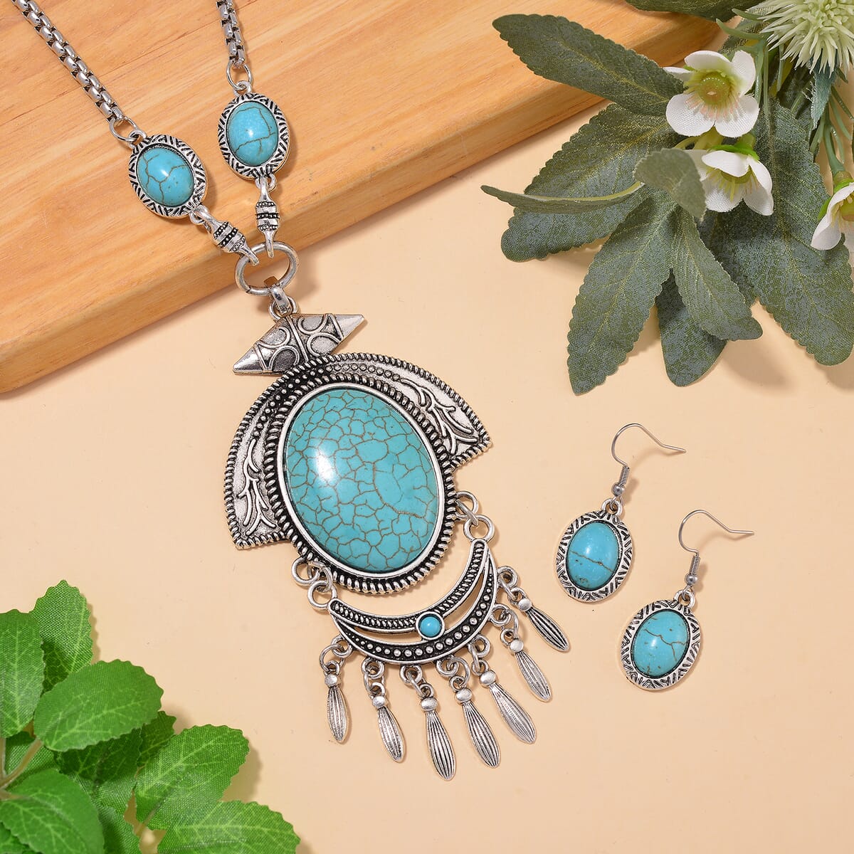 Blue Howlite 86.00 ctw Necklace 20-22 Inches and Earrings in Silvertone image number 1