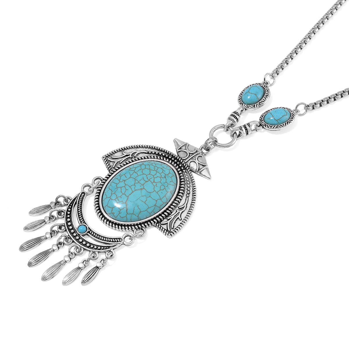 Blue Howlite 86.00 ctw Necklace 20-22 Inches and Earrings in Silvertone image number 3