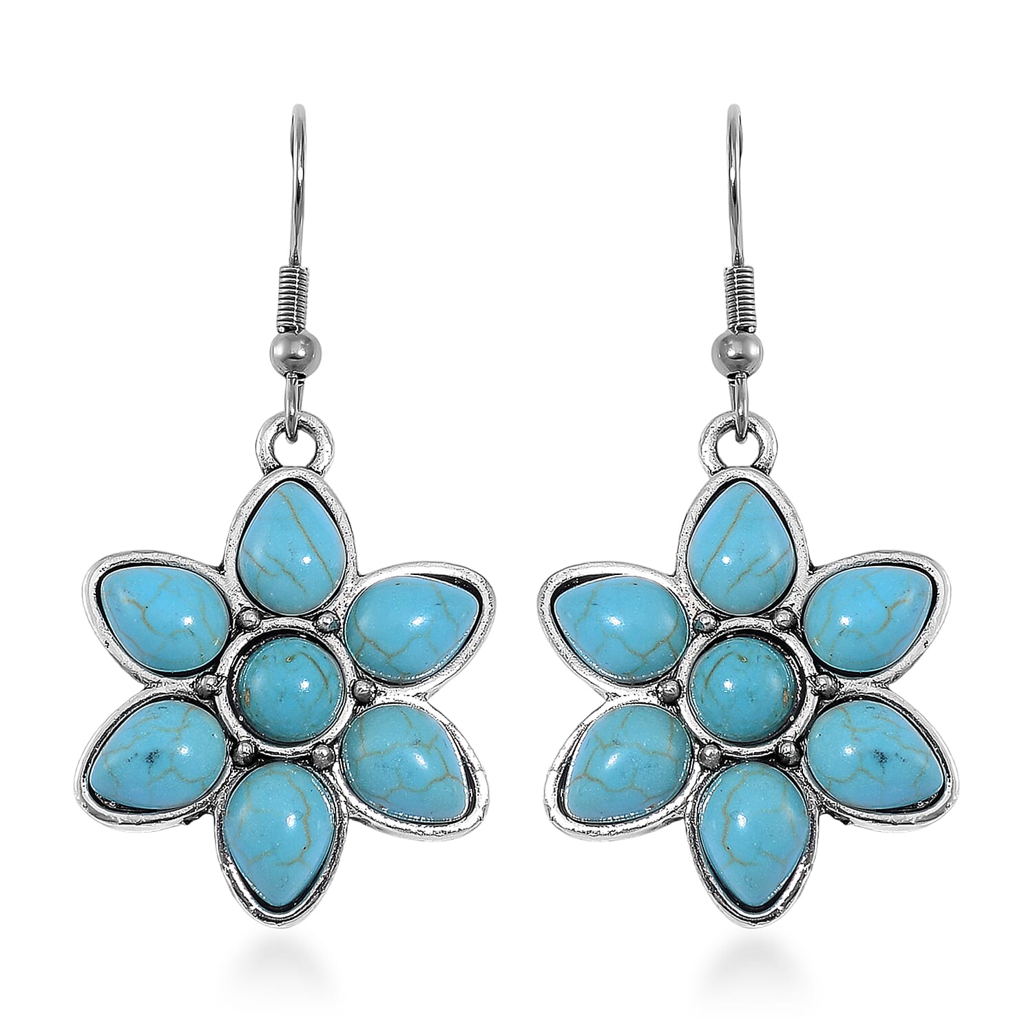 Blue Howlite 50.00 ctw Floral Necklace 17-22 Inches and Earrings in Silvertone