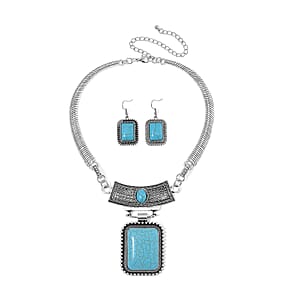 Blue Howlite 99.00 ctw Necklace 17-22 Inches and Earrings in Silvertone