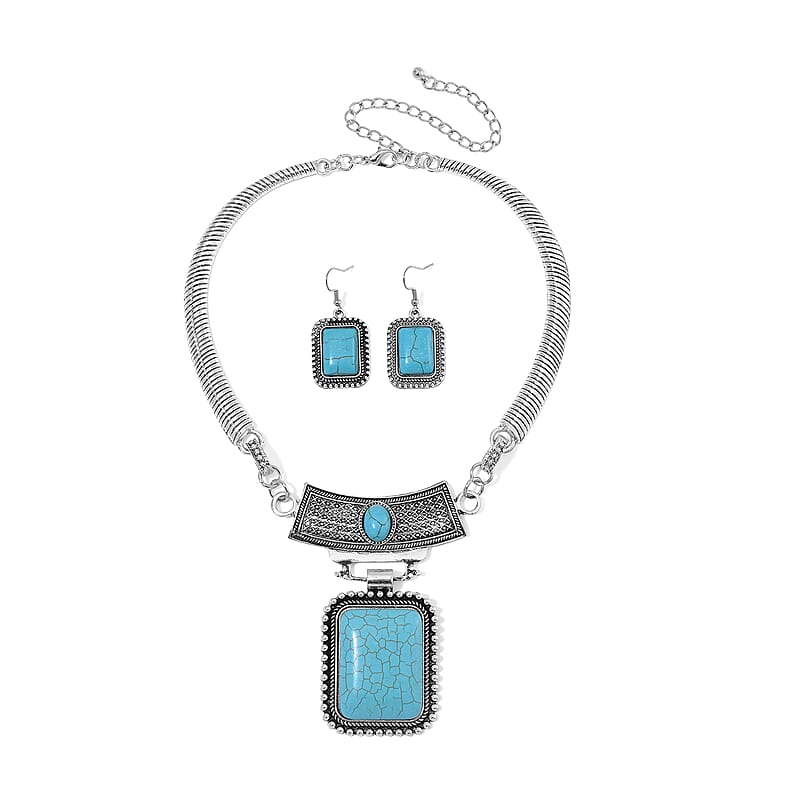 Blue Howlite 99.00 ctw Necklace 17-22 Inches and Earrings in Silvertone