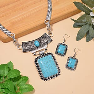 Blue Howlite 99.00 ctw Necklace 17-22 Inches and Earrings in Silvertone