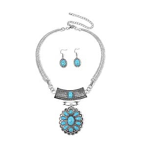 Blue Howlite 58.00 ctw Necklace 17-22 Inches and Earrings in Silvertone