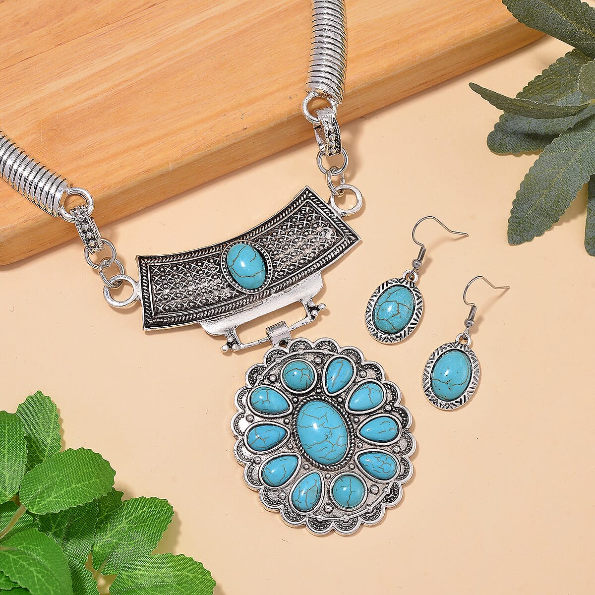 Blue Howlite 58.00 ctw Necklace 17-22 Inches and Earrings in Silvertone image number 1