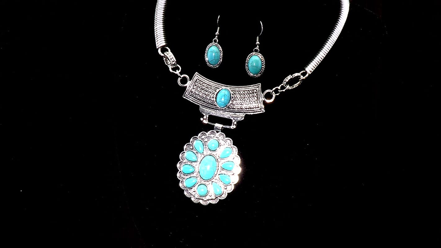 Blue Howlite 58.00 ctw Necklace 17-22 Inches and Earrings in Silvertone
