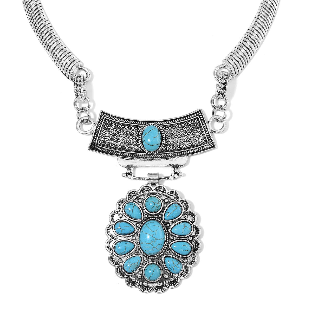 Blue Howlite 58.00 ctw Necklace 17-22 Inches and Earrings in Silvertone image number 2